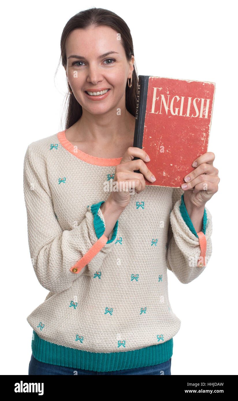 Frau lernen englischen isolierten auf weißen Hintergrund Stockfoto