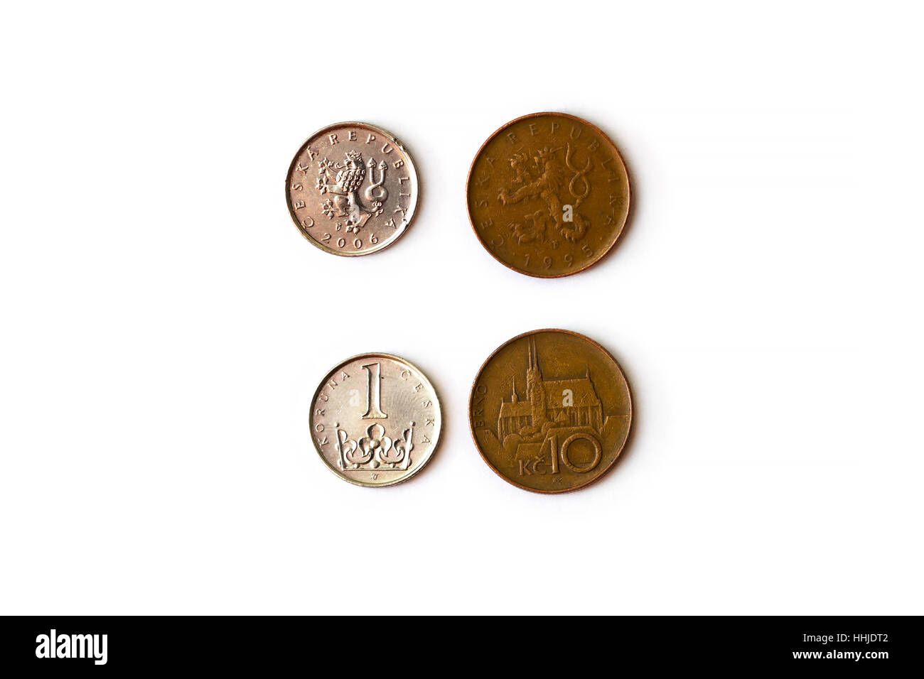 1, 10 Tschechische Krone Münze, CZK Münzen Konfessionen eins und zehn Kronen, Kopf und Zahl. Symbol der tschechischen Währung zu Reichtum und Investitionen. Geld der Europ Stockfoto