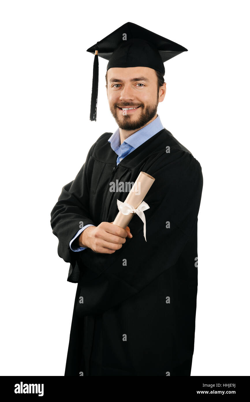 glücklich lächelnd männlicher Absolvent mit Diplom isoliert auf weiss Stockfoto