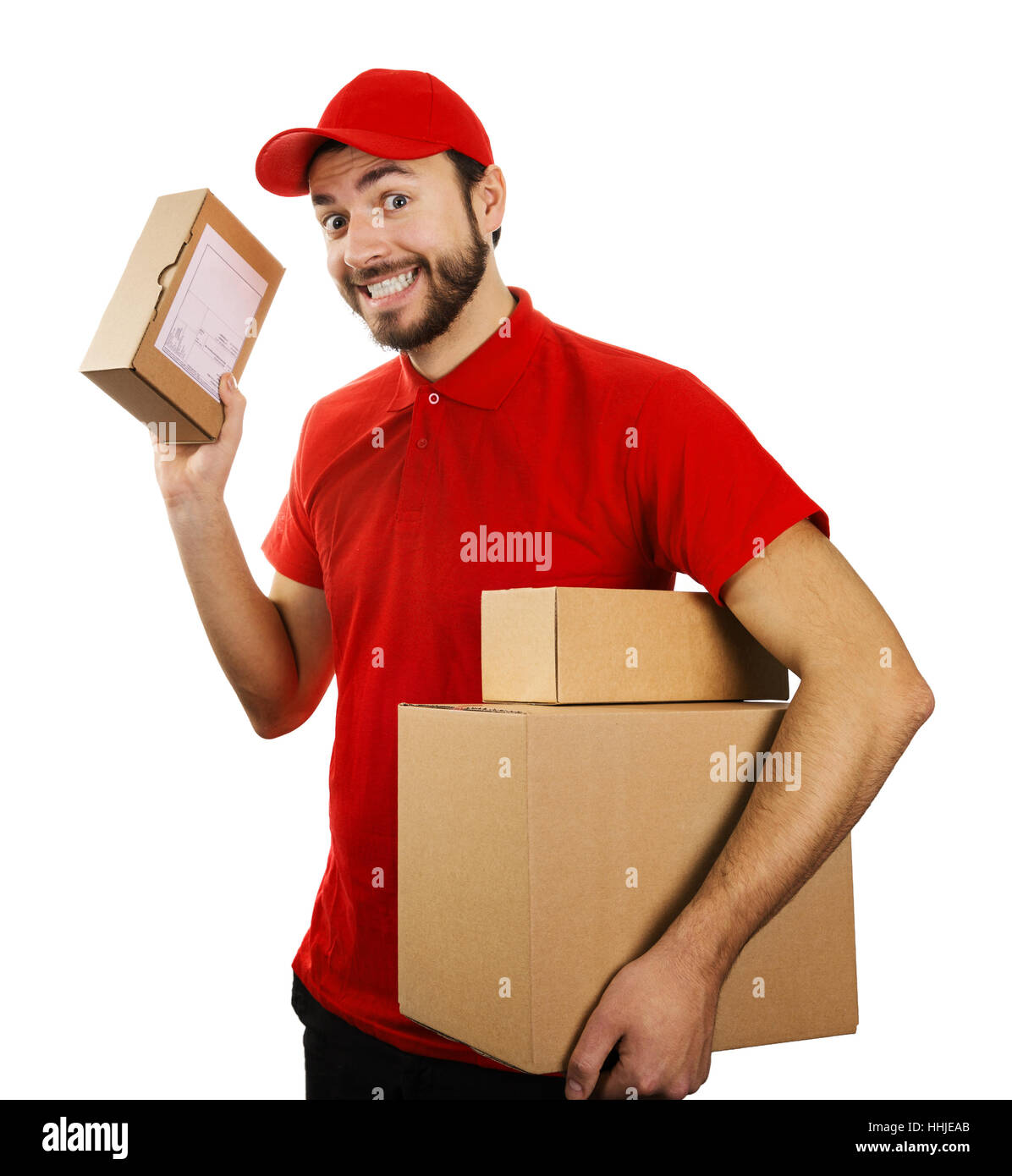 lustige Lieferung Service-Mann mit Boxen isoliert auf weißem Hintergrund Stockfoto