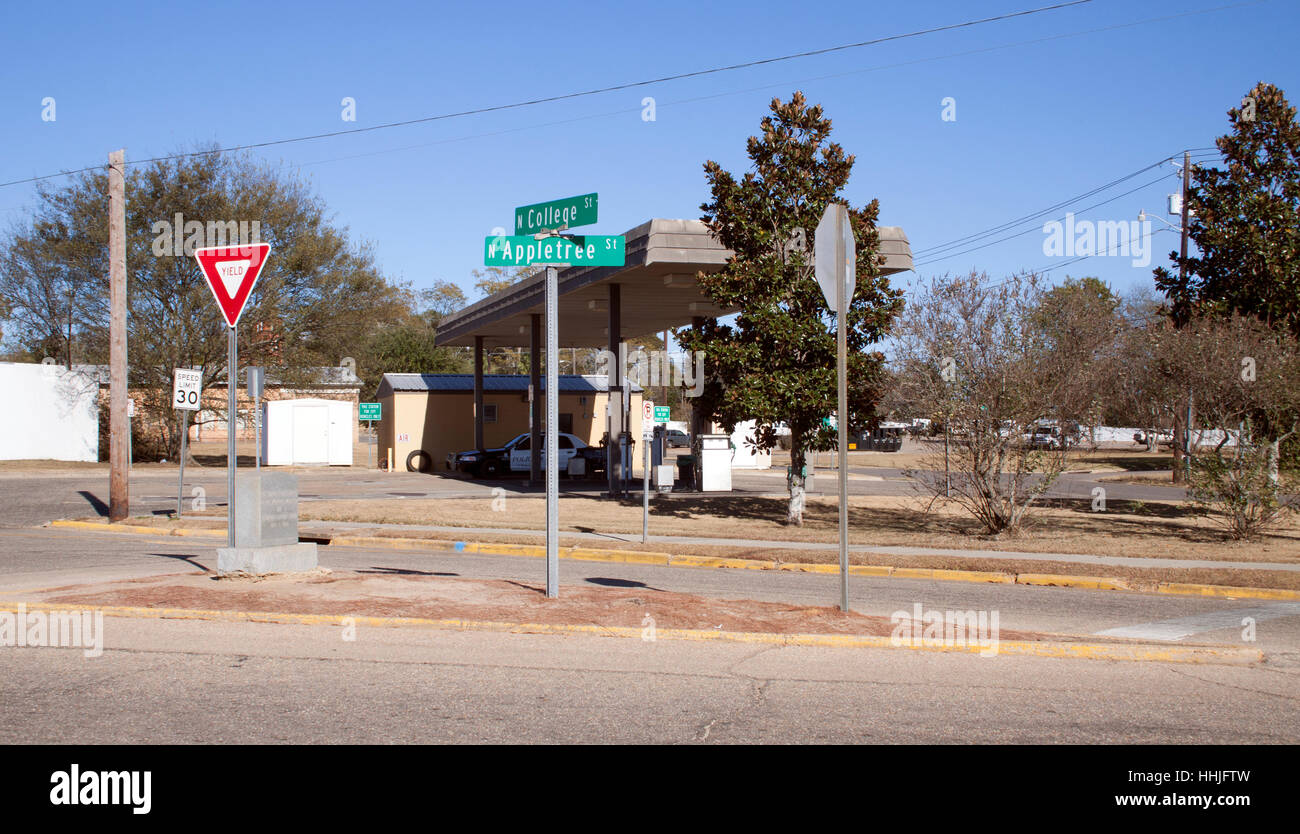 In Dothan, Alabama, ist der kleinste Stadtblock der Welt ein skurriles Wahrzeichen, an dem drei Straßen aufeinander treffen, die von einem winzigen Dreieck aus Land gekennzeichnet sind. Stockfoto