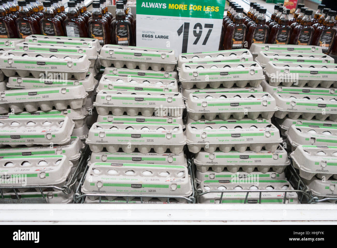 Anzeige Oarge Eier zum Verkauf an Essen Grundlagen Lebensmittelgeschäft in Lindsay, Ontario, Kanada Stockfoto