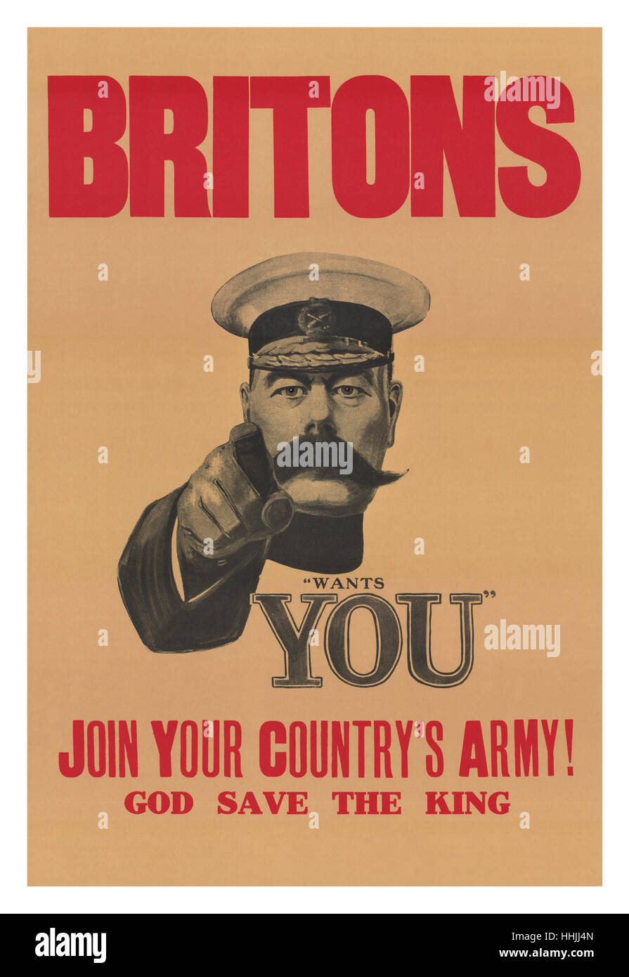 Kultige 1915 WW1 Propaganda Plakat "Your Country Wants You" Armee Rekrutierung Poster mit Lord Kitchener Stockfoto