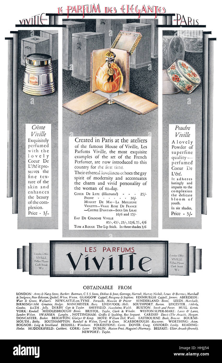 1928 britische Werbung für Viville Parfums Stockfoto