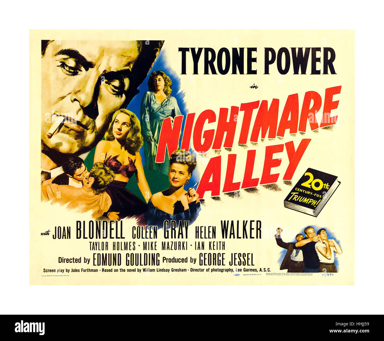 1940 TYRONE POWER JAHRGANG FILM POSTER NIGHTMARE ALLEY Nightmare Alley ist ein nach dem Krieg 1947 Film noir mit Tyrone Power, Joan Blondell, und von Edmund Goulding geleitet. Der Film basiert auf der 1946 gleichnamigen Roman, geschrieben von William Lindsay Gresham basiert. Stockfoto