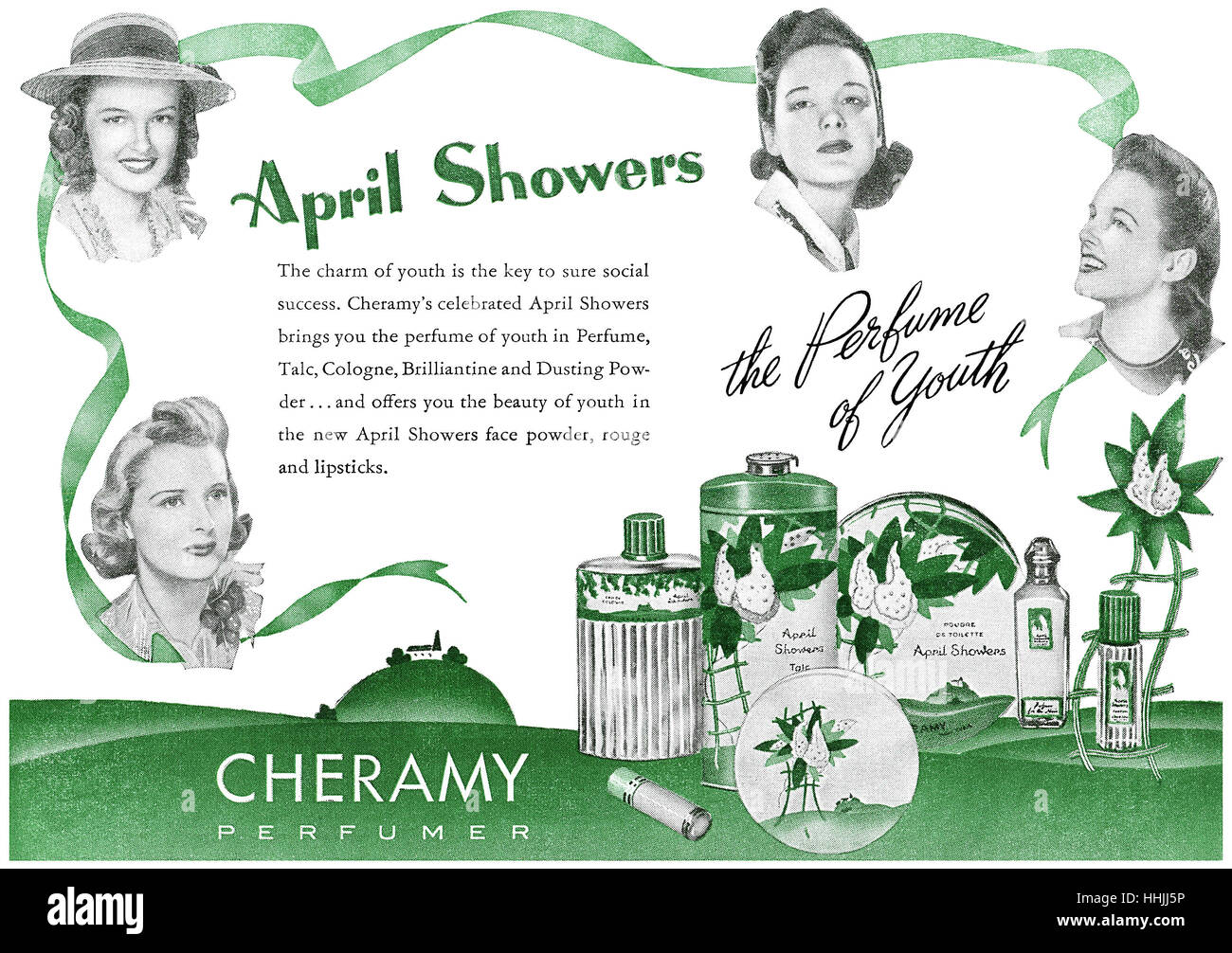 1940-US-Werbung für April Showers Parfüm von Cheramyes Stockfoto