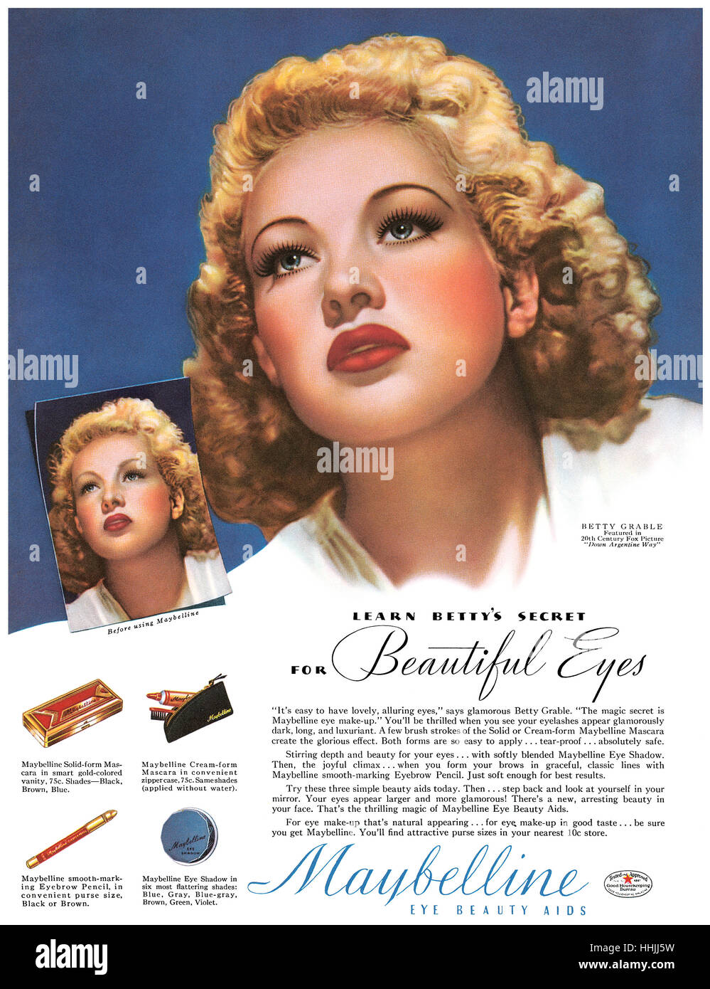 1940-US-Werbung für Maybelline Kosmetik mit Schauspielerin Betty Grable Stockfoto