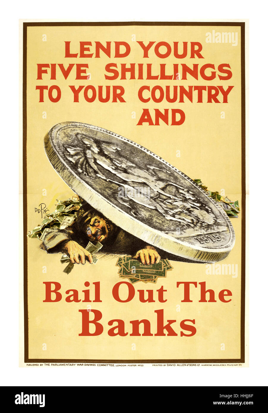 Kaution aus Banken Kriegsanleihen WW1 Vintage Britische Propaganda Poster ansprechend für 5 Schillinge, die Banken zu retten, 1900 Stockfoto