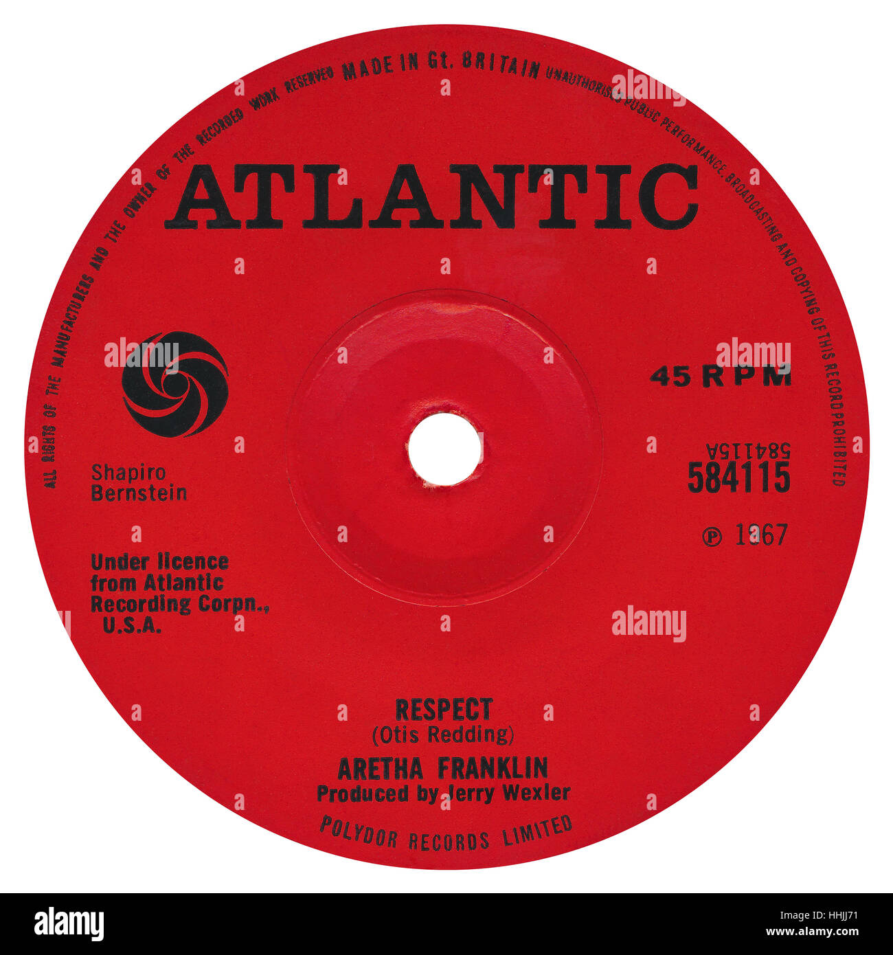 45 u/min UK Plattenlabel von Respect von Aretha Franklin auf dem Atlantic Label von 1967 Stockfoto