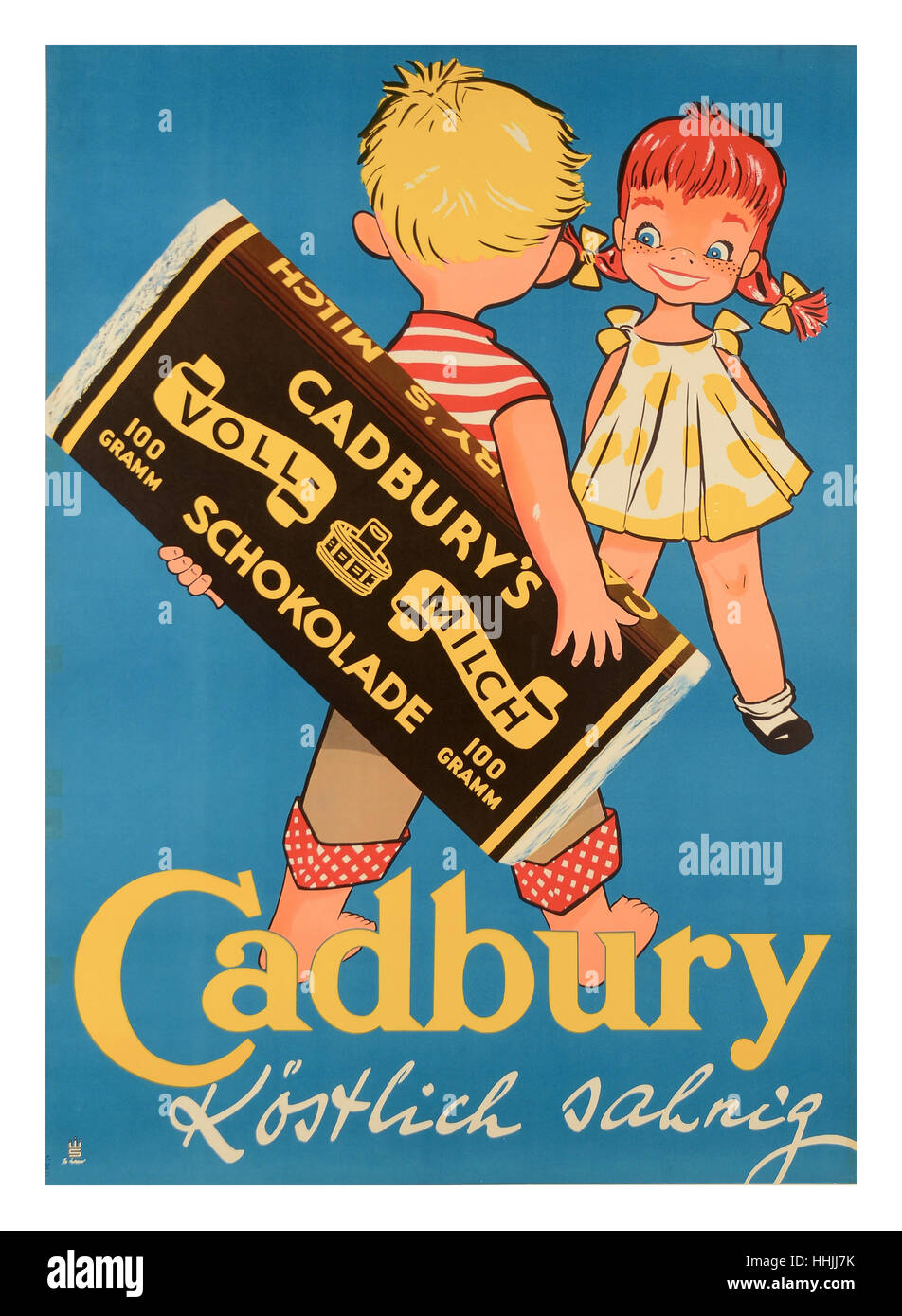 50er Jahre deutsche Plakat-Werbung für Cadbury Schokolade die Bildunterschrift lautet wie: sie liebt ihn, er liebt sie, sie alle lieben Cadbury. Stockfoto