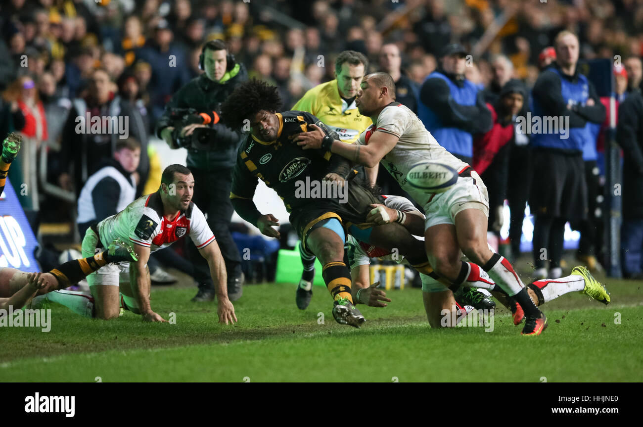 Wespen Ashley Johnson während der European Champions Cup, Pool zwei match bei der Ricoh Arena in Coventry. PRESSEVERBAND Foto. Bild Datum: Samstag, 14. Januar 2017. Finden Sie unter PA Geschichte RUGBYU Wespen. Bildnachweis sollte lauten: Scott Heavey/PA Wire. Einschränkungen: Nur zur redaktionellen Verwendung. Keine kommerzielle Nutzung. Stockfoto