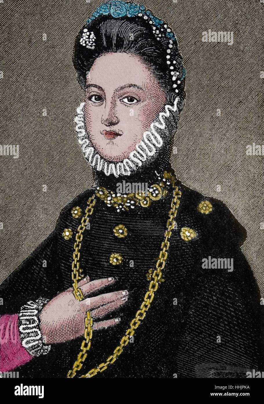 Elisabeth von Valois (1545 – 1568). Spanische Queen Consort. Dritte Ehefrau von Philipp II. von Spanien. Porträt. Kupferstich, 1884. Farbe. Stockfoto