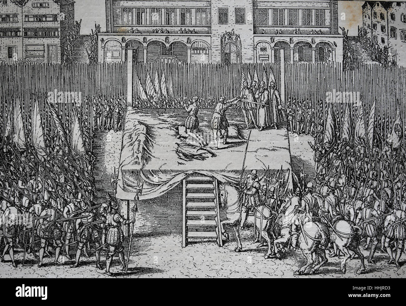 Spanische Niederlande. Ausführung des Grafen Egmont und Hoorn in Brüssel, 5 Juni 1568. Kupferstich von Franz Hogenbergs (ca. 1540-1590). Kopieren. Stockfoto