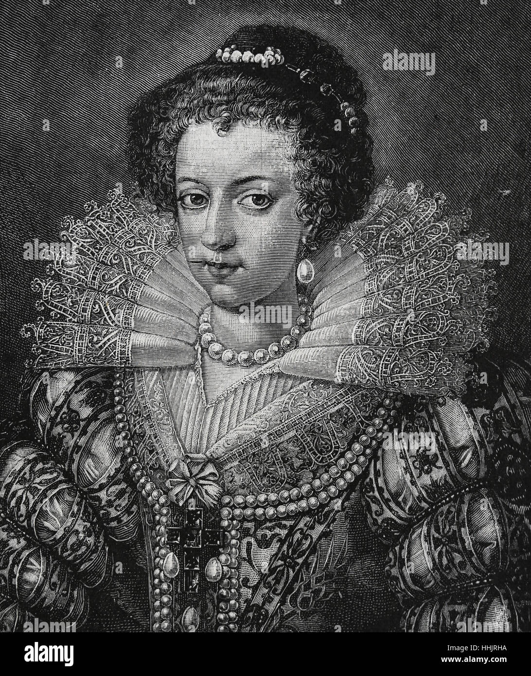 Elisabeth von Österreich (1554-1592)-Königin-Gemahl von Frankreich. Ehefrau von König Karl IX. Haus von Habsburg. Kupferstich, 1884. Stockfoto