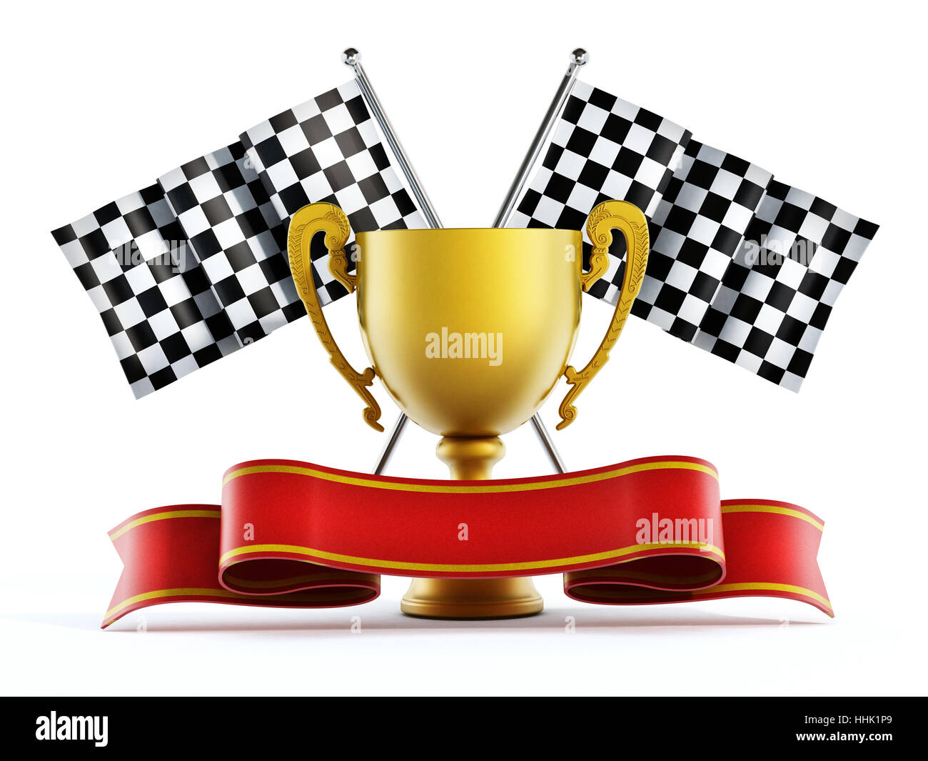 Gold Cup, karierte Flaggen und rotes Band. 3D Illustration. Stockfoto