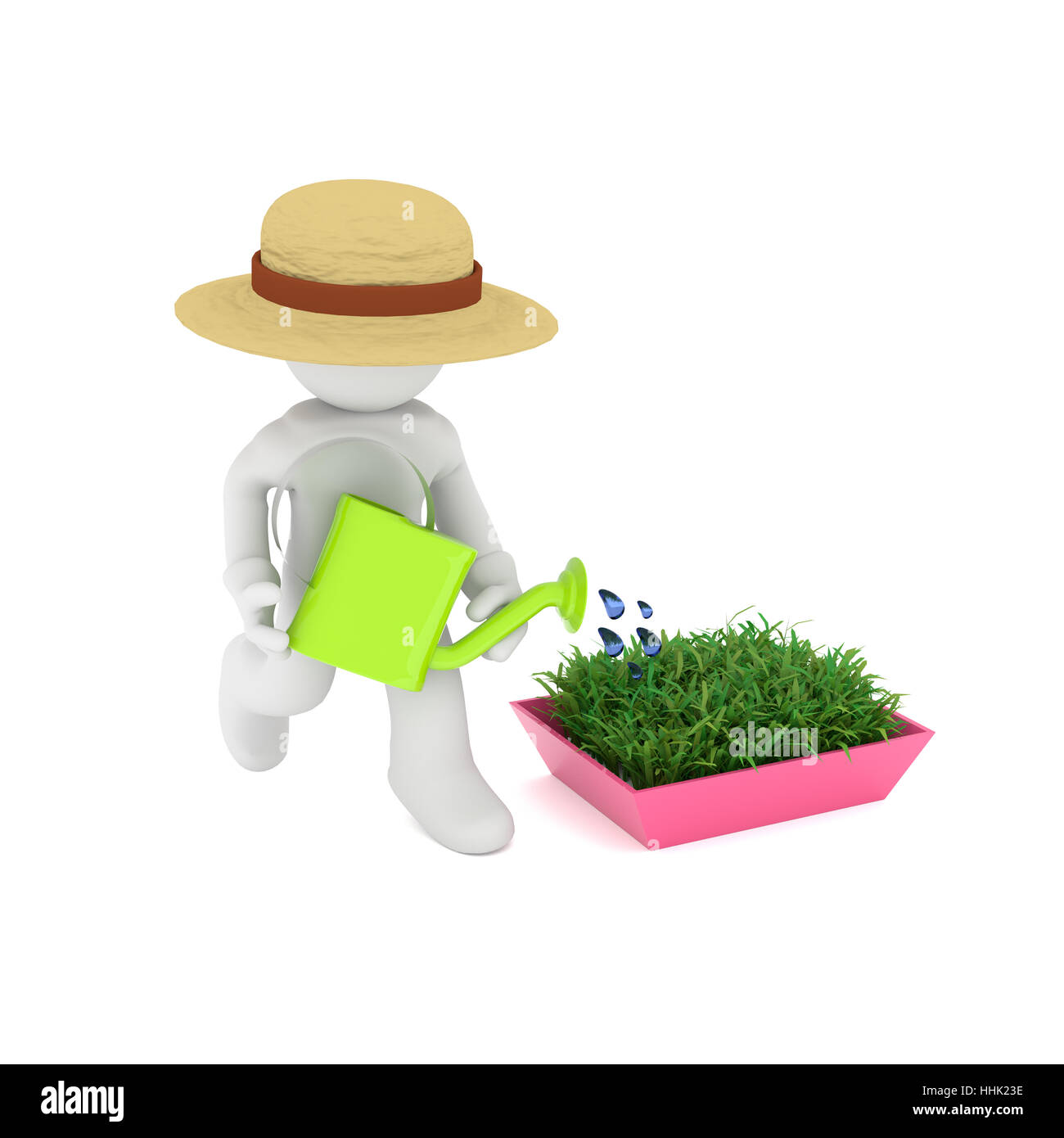 Gärtner mit einer Gießkanne und wachsenden Pflanzen, 3DRendering