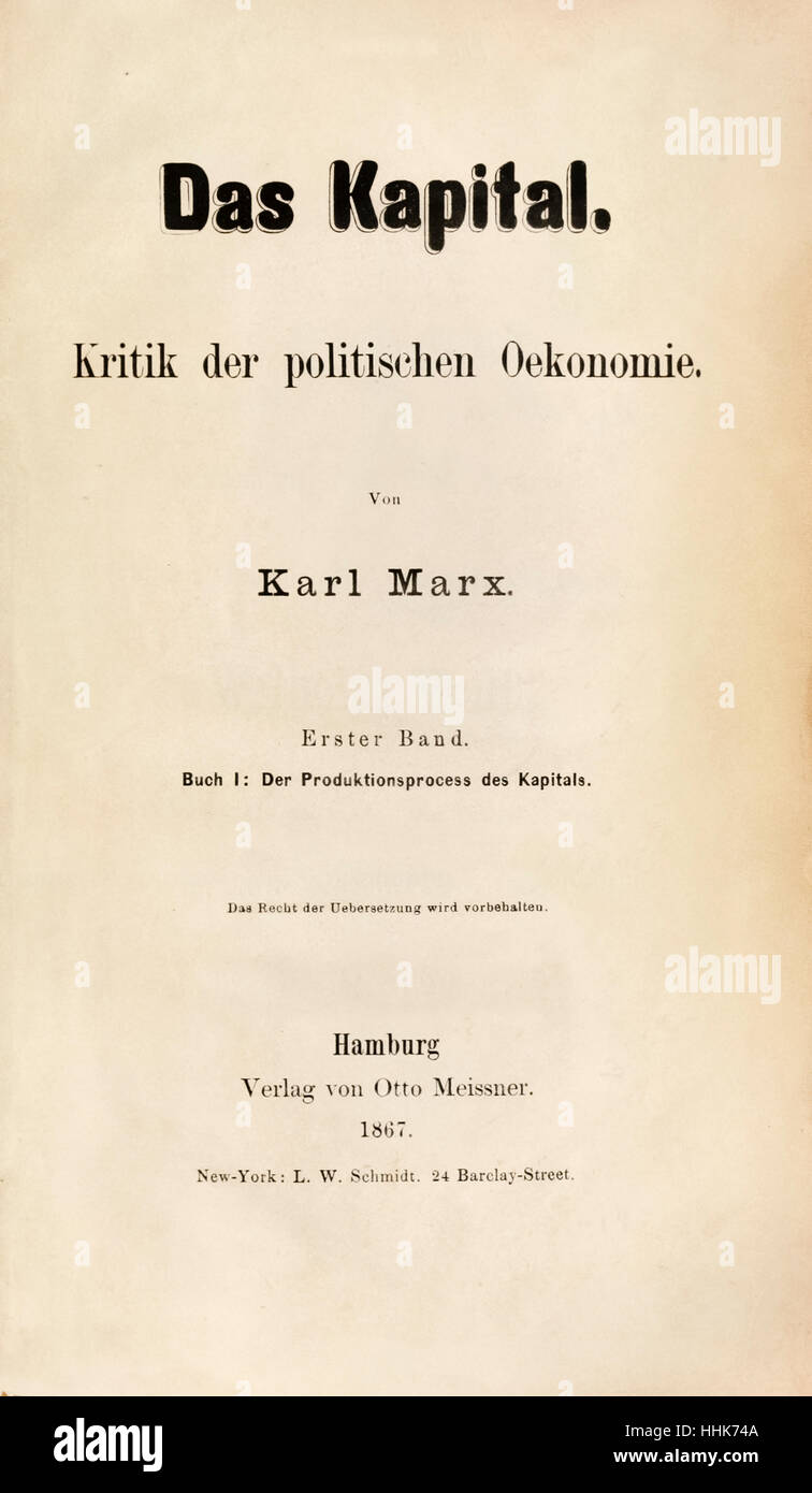 Titelblatt des "Das Kapital. Kritik der Krieger Oekonomie "(Kapital: Kritik der politischen Ökonomie) Buch 1 von Karl Marx (1818-1883) Erstausgabe 1867 veröffentlicht. Siehe Beschreibung für mehr Informationen. Stockfoto