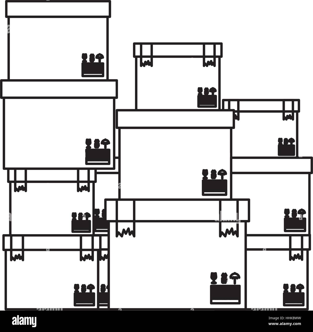 schwarze Silhouette Kontur Kisten gestapelt und versiegelt Vektor-illustration Stock Vektor