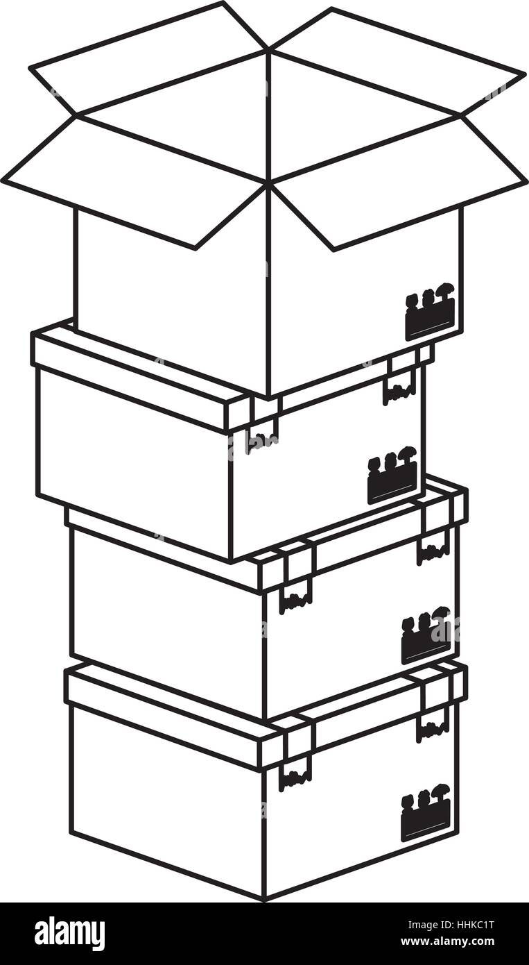 schwarze Silhouette Kontur Kisten gestapelt und eröffnet eine Vektor-illustration Stock Vektor