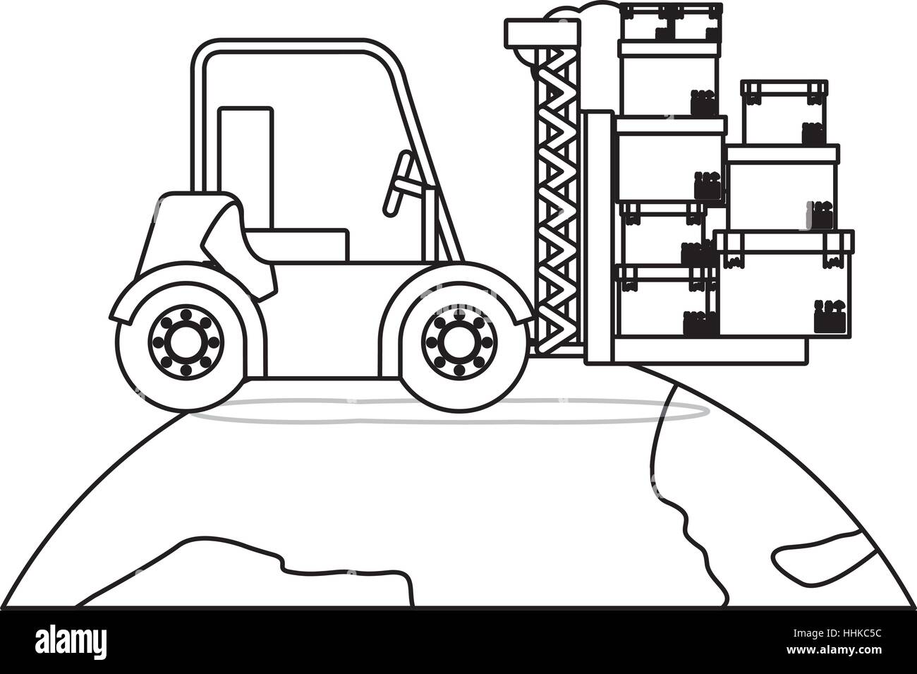 schwarze Silhouette Kontur Gabelstapler mit Gabeln mit Boxen über die Planeten-Vektor-illustration Stock Vektor