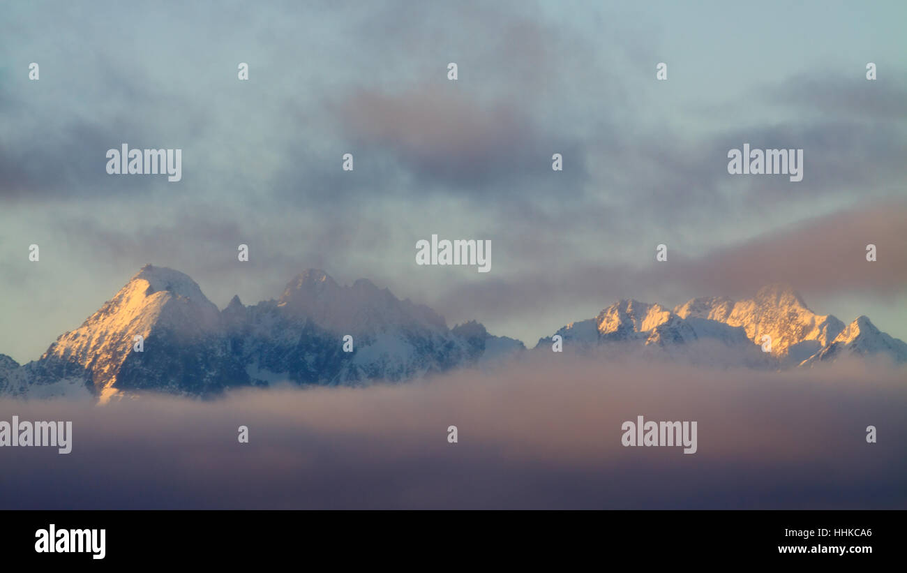 Bergrücken des Tatra-Gebirge auf Wolken. Stockfoto