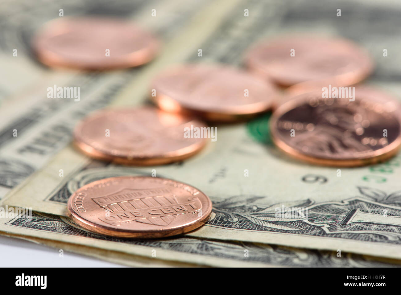 1 Cent Münzen auf uns Dollar-Währung. Makroaufnahme Stockfoto