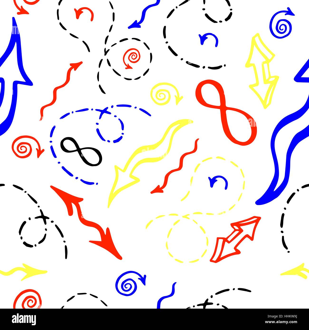 Handgezeichnete mathematische Element und Qualität. Vektor Musterdesign. In gelb, rot, schwarz und blau. Punkten und Pfeilen. Unendlichkeit. Stock Vektor