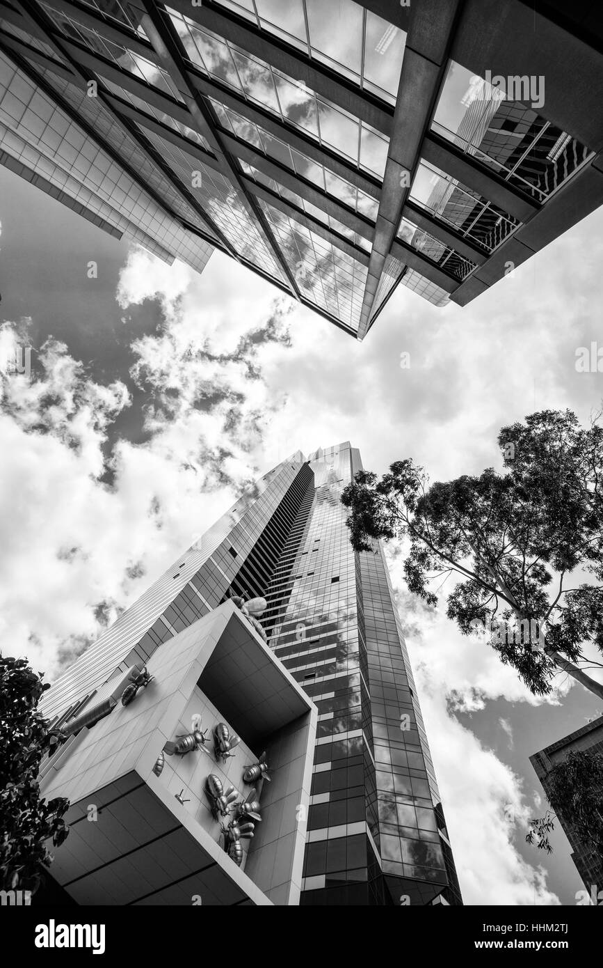 Betrachten der Eureka Tower und Königin Bienenvolk auf der Southbank der CBD Melbourne, Victoria, Australien Stockfoto