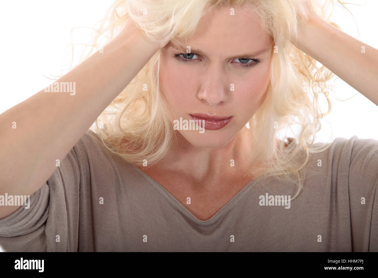 Frau, Messe, Kreuz, leer, europäisch, Kaukasisch, Frustration, frustriert, Stockfoto