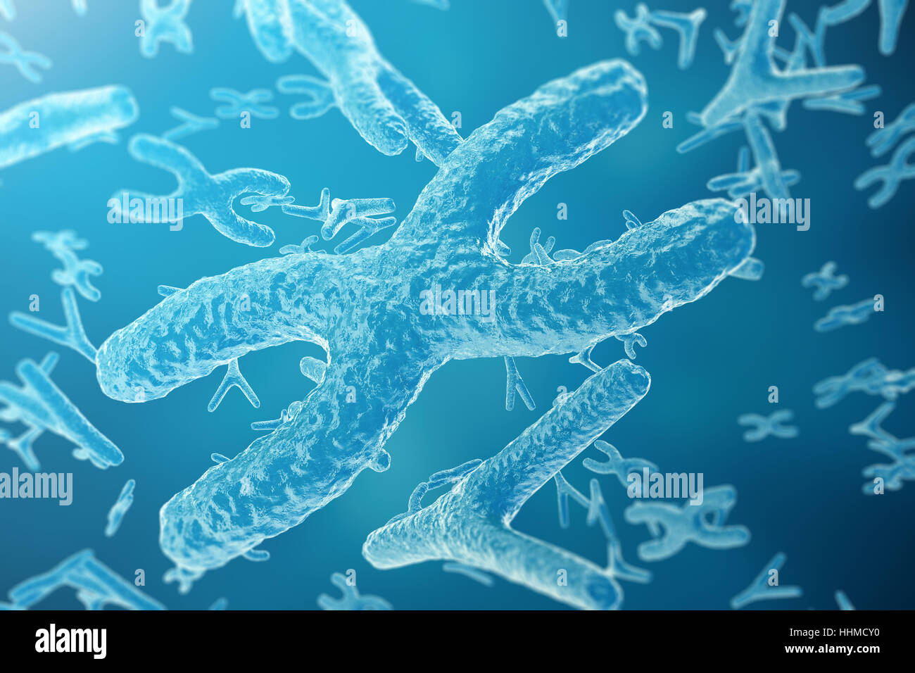 Chromosomen auf wissenschaftlichen Hintergrund. Leben und Biologie, Medizin wissenschaftliches Konzept mit Schwerpunkt Wirkung, 3D-Rendering Stockfoto