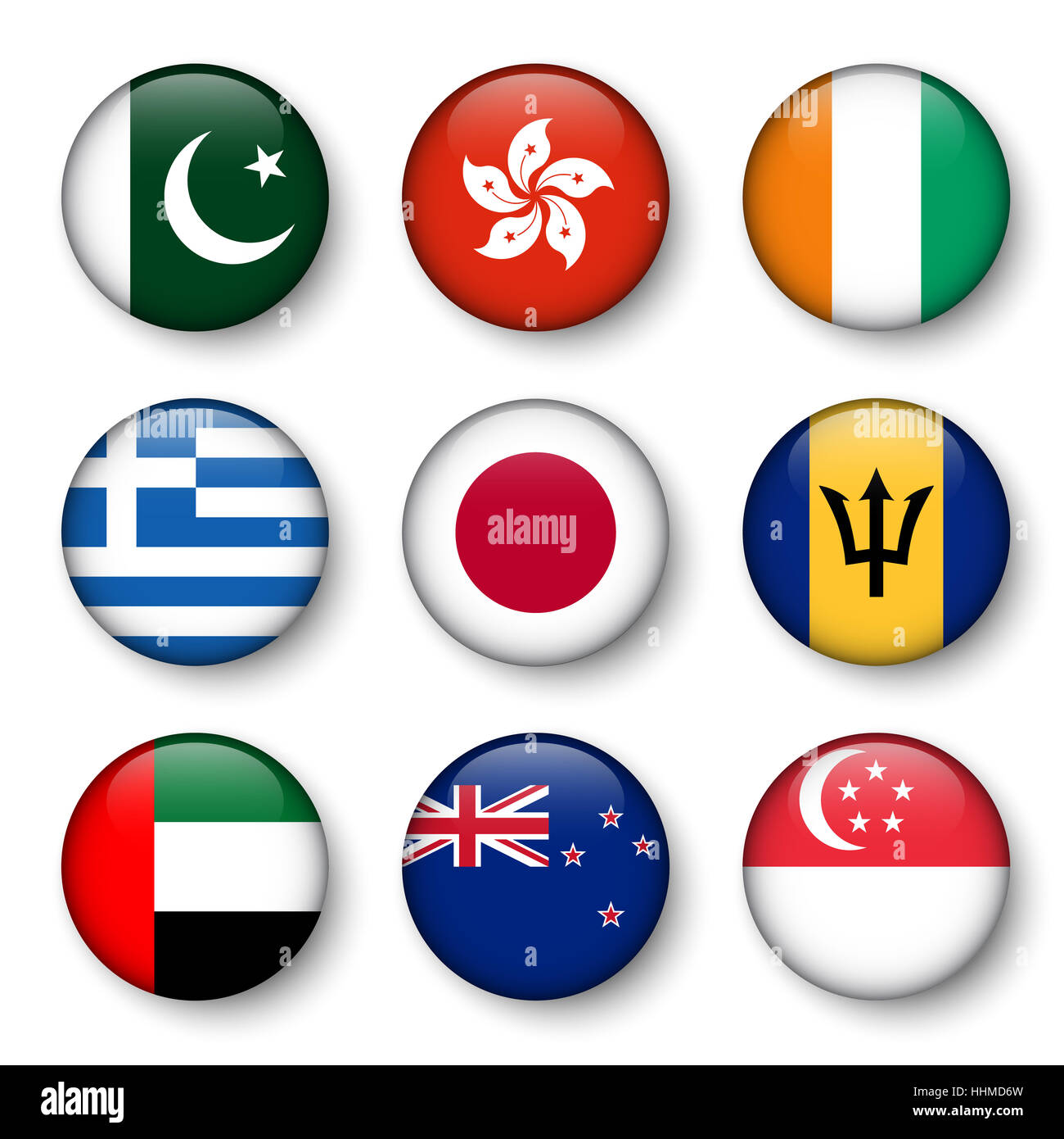Satz der Welt kennzeichnet Runde Abzeichen (Pakistan. Hong Kong. Côte d ' Ivoire. Griechenland. Japan. Barbados. VEREINIGTEN ARABISCHEN EMIRATEN. Neuseeland. Singapur) Stockfoto