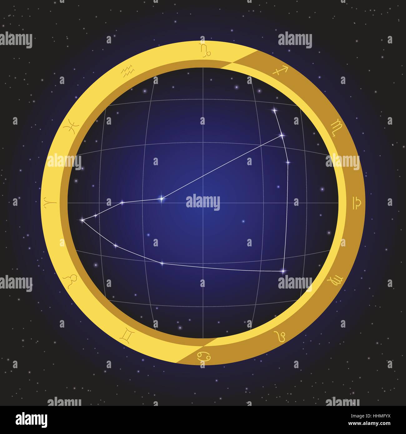Steinbock Horoskop Sterne Sternzeichen Fisch Auge Teleskop-Goldener Ring-Rahmen mit Kosmos Hintergrund Stock Vektor