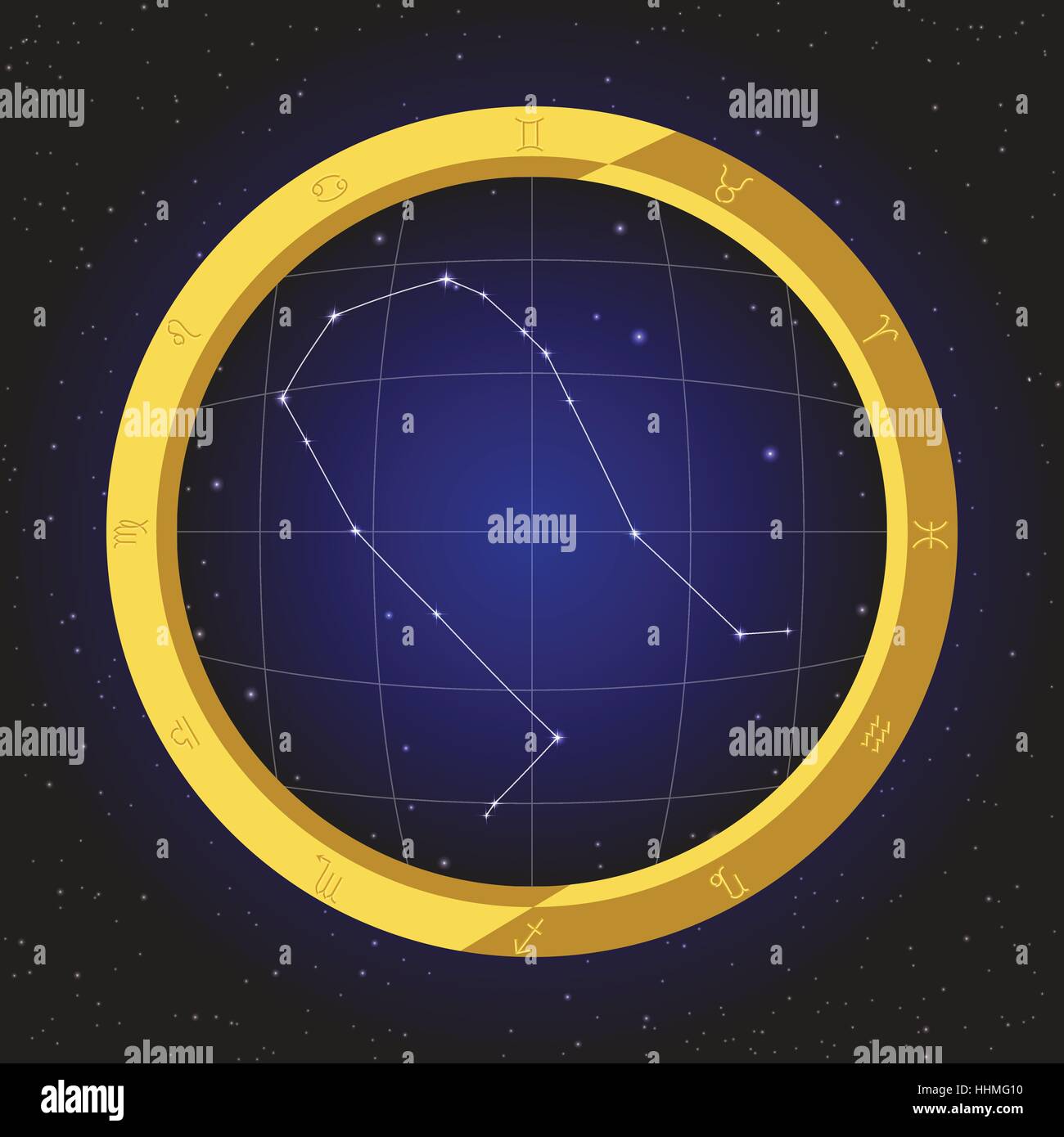 Gemini Sterne Horoskop Sternzeichen Fisch Auge Teleskop-Goldener Ring-Rahmen mit Kosmos Hintergrund Stock Vektor