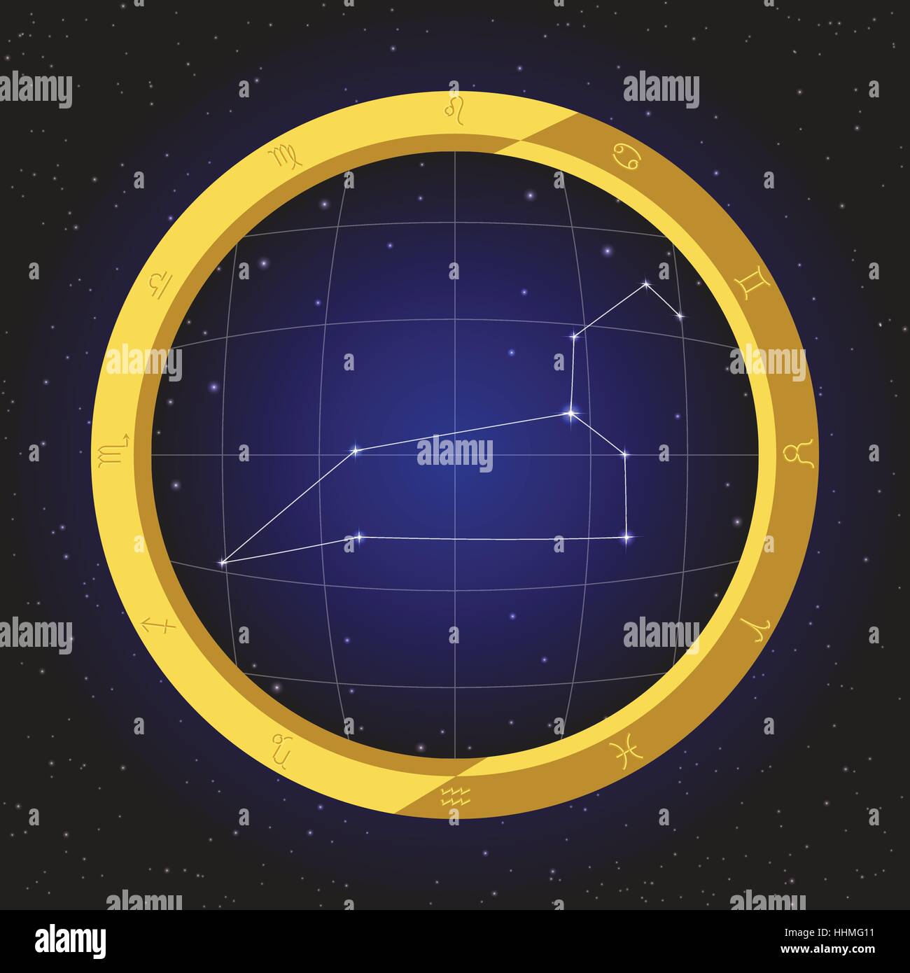 Leo Stern Horoskop Sternzeichen Fisch Auge Teleskop-Goldener Ring-Rahmen mit Kosmos Hintergrund Stock Vektor