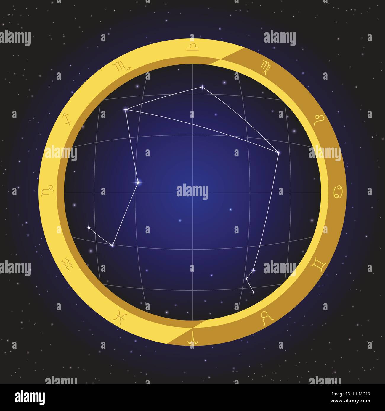 Waage Horoskop Sterne Sternzeichen Fisch Auge Teleskop-Goldener Ring-Rahmen mit Kosmos Hintergrund Stock Vektor