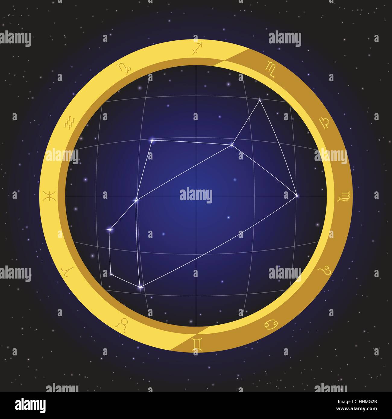Sterne Horoskop Sternzeichen Fisch Auge Teleskop-Goldener Ring-Rahmen mit Kosmos Hintergrund Stock Vektor