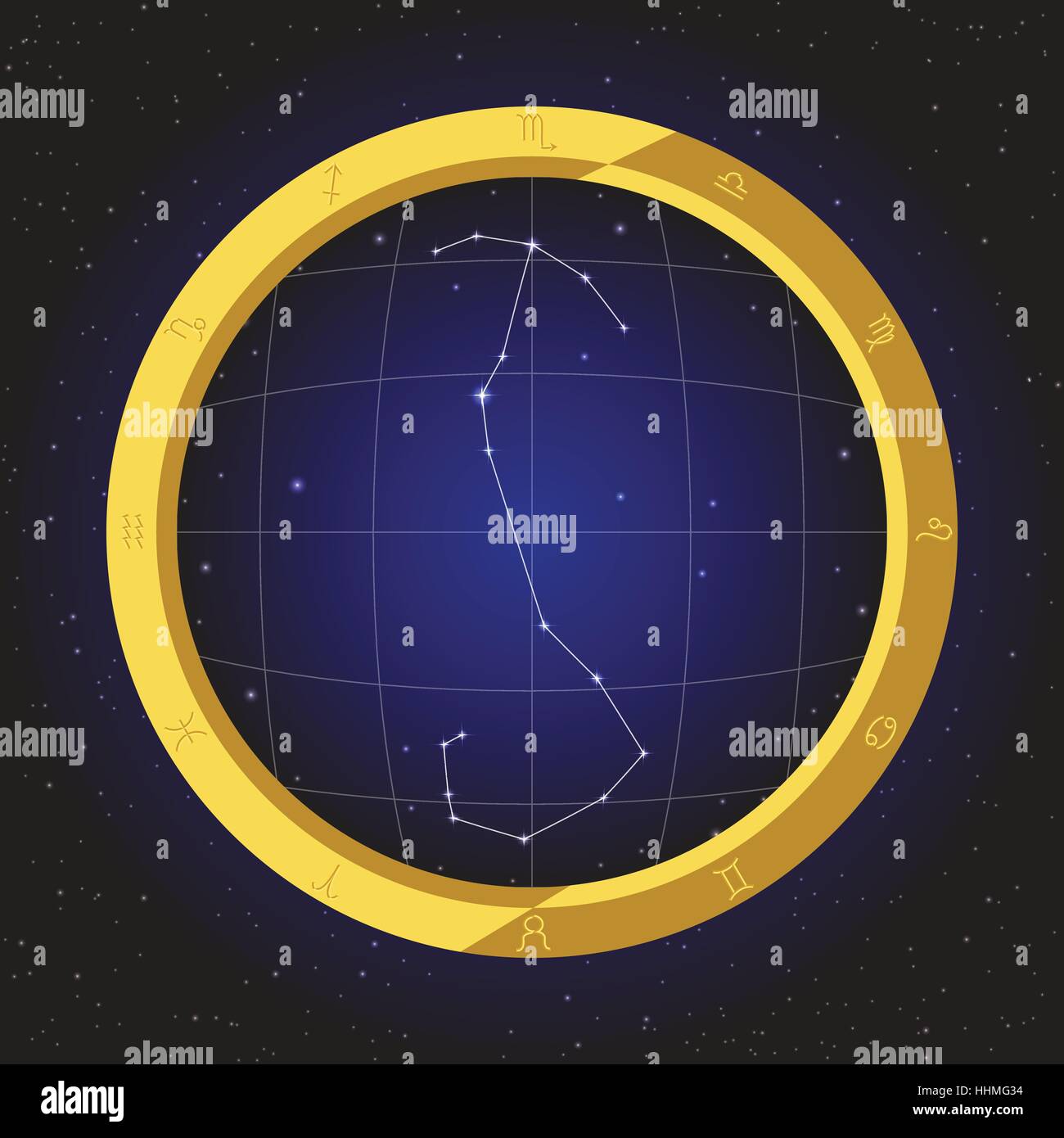 Scorpio Sterne Horoskop Sternzeichen Fisch Auge Teleskop-Goldener Ring-Rahmen mit Kosmos Hintergrund Stock Vektor