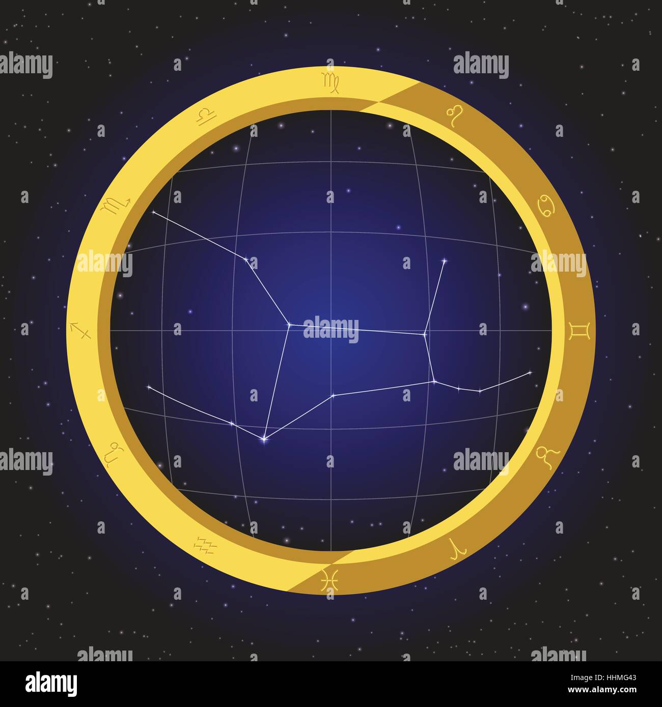 Virgo Sterne Horoskop Sternzeichen Fisch Auge Teleskop-Goldener Ring-Rahmen mit Kosmos Hintergrund Stock Vektor