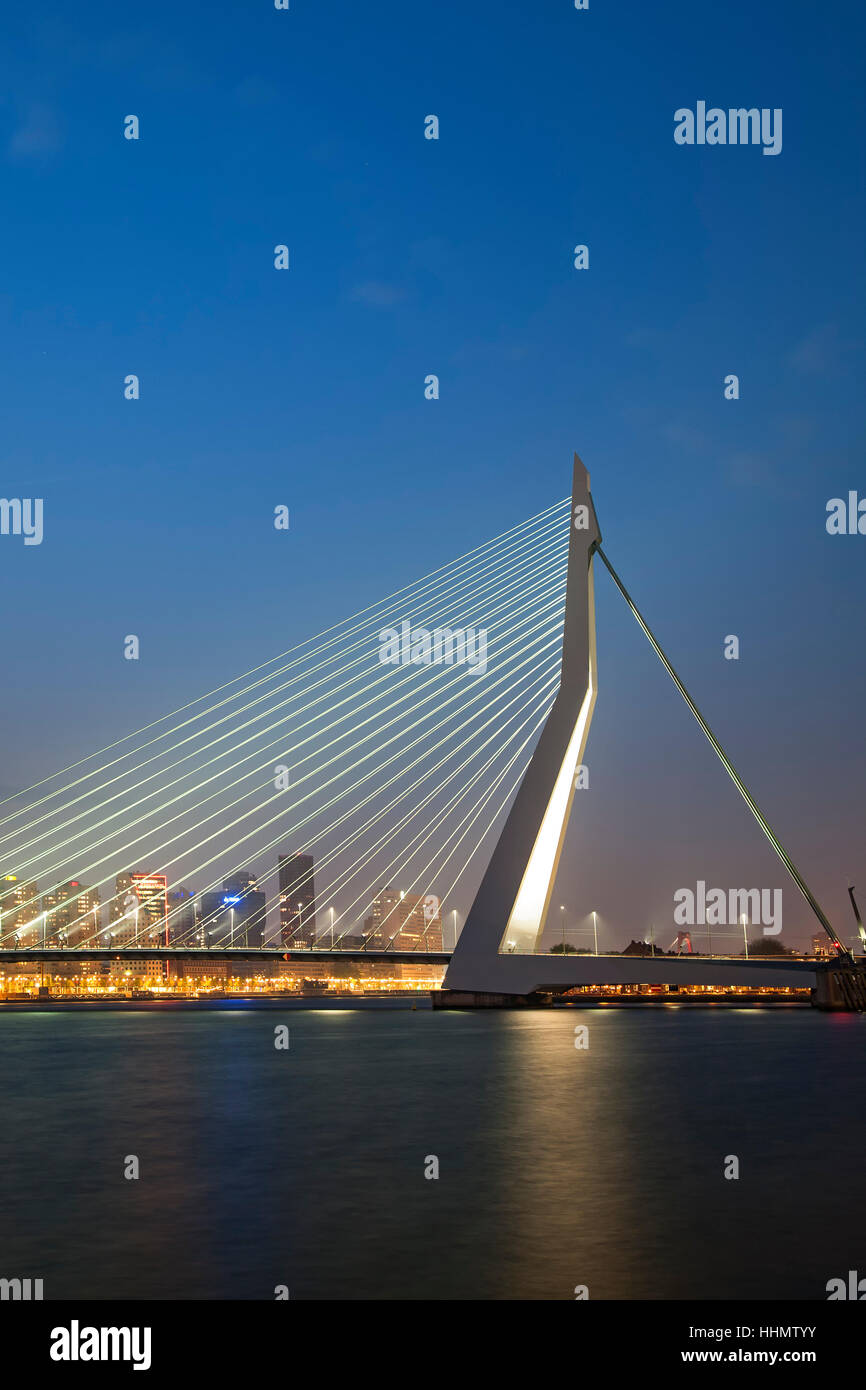 Erasmusbrücke (Erasmus-Brücke) und die Skyline in der Abenddämmerung, Rotterdam, Niederlande Stockfoto