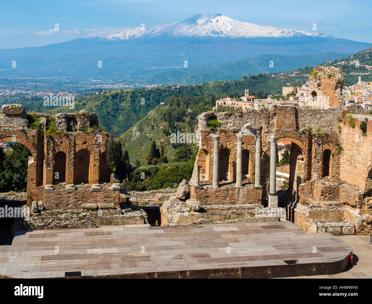 Amphitheater Ruinen, Teatro Antico di Taormina, Taormina, Sizilien, Italien Stockfoto