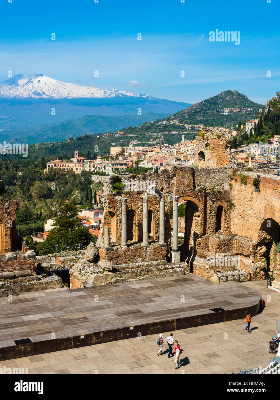 Amphitheater Ruinen, Teatro Antico di Taormina, Taormina, Sizilien, Italien Stockfoto