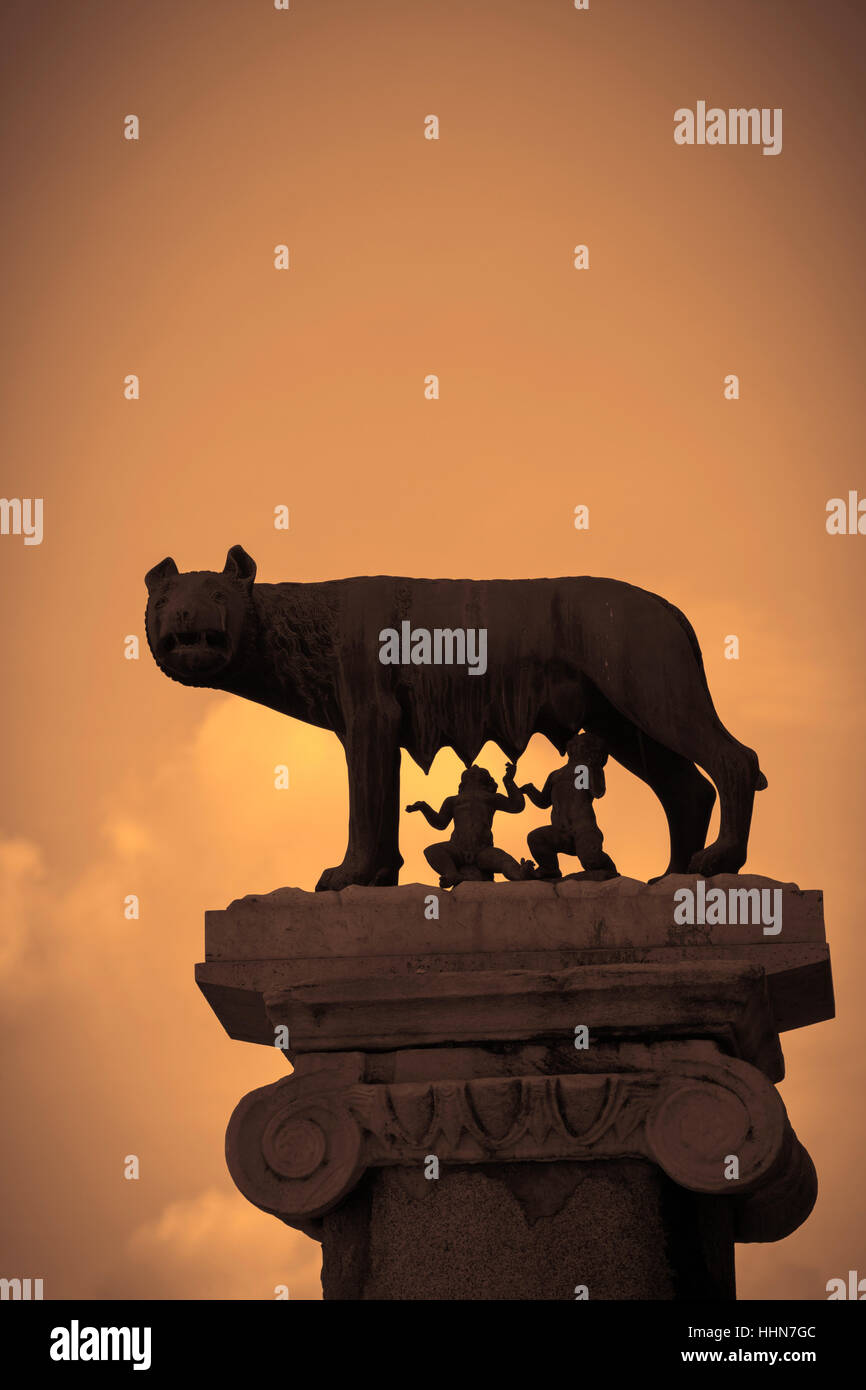 Rom, Italien.  La Lupa Capitolina "der Kapitolinischen Wolf".  Statue auf dem kapitolinischen Hügel von Romulus und Remus, den mythischen Gründer von Rom, gesäugt von einer w Stockfoto