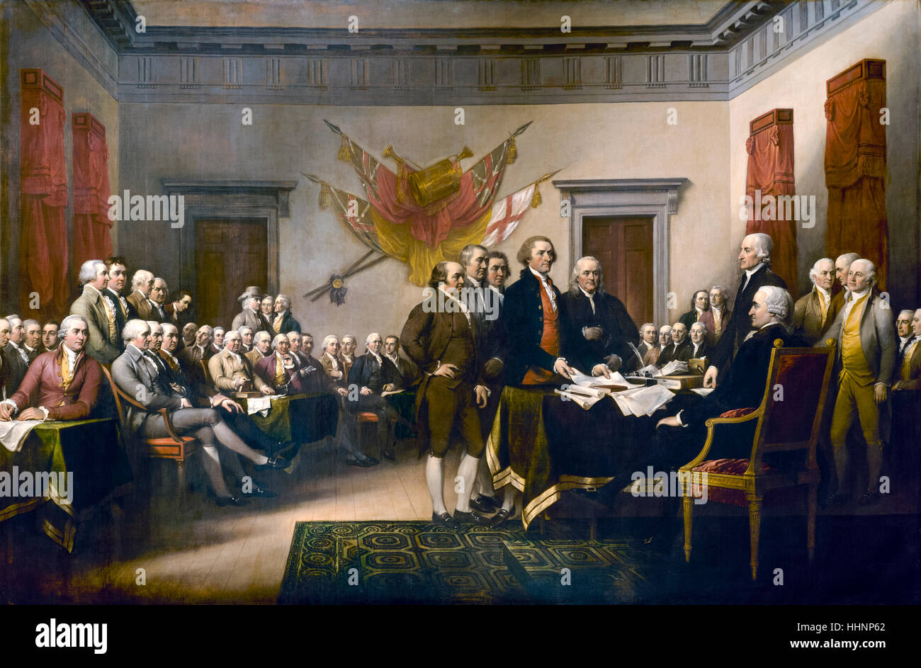 "Unabhängigkeitserklärung", 1817-Öl-Gemälde von John Trumbull (1756-1843) amerikanische Künstler berühmt für seine historischen Gemälden. Das Gemälde zeigt 42 von den 56 Unterzeichnern der Erklärung und erschien auf dem $2 Dollarschein zwischen 1862 – 1966 und Briefmarken. Siehe Beschreibung für mehr Informationen. Stockfoto