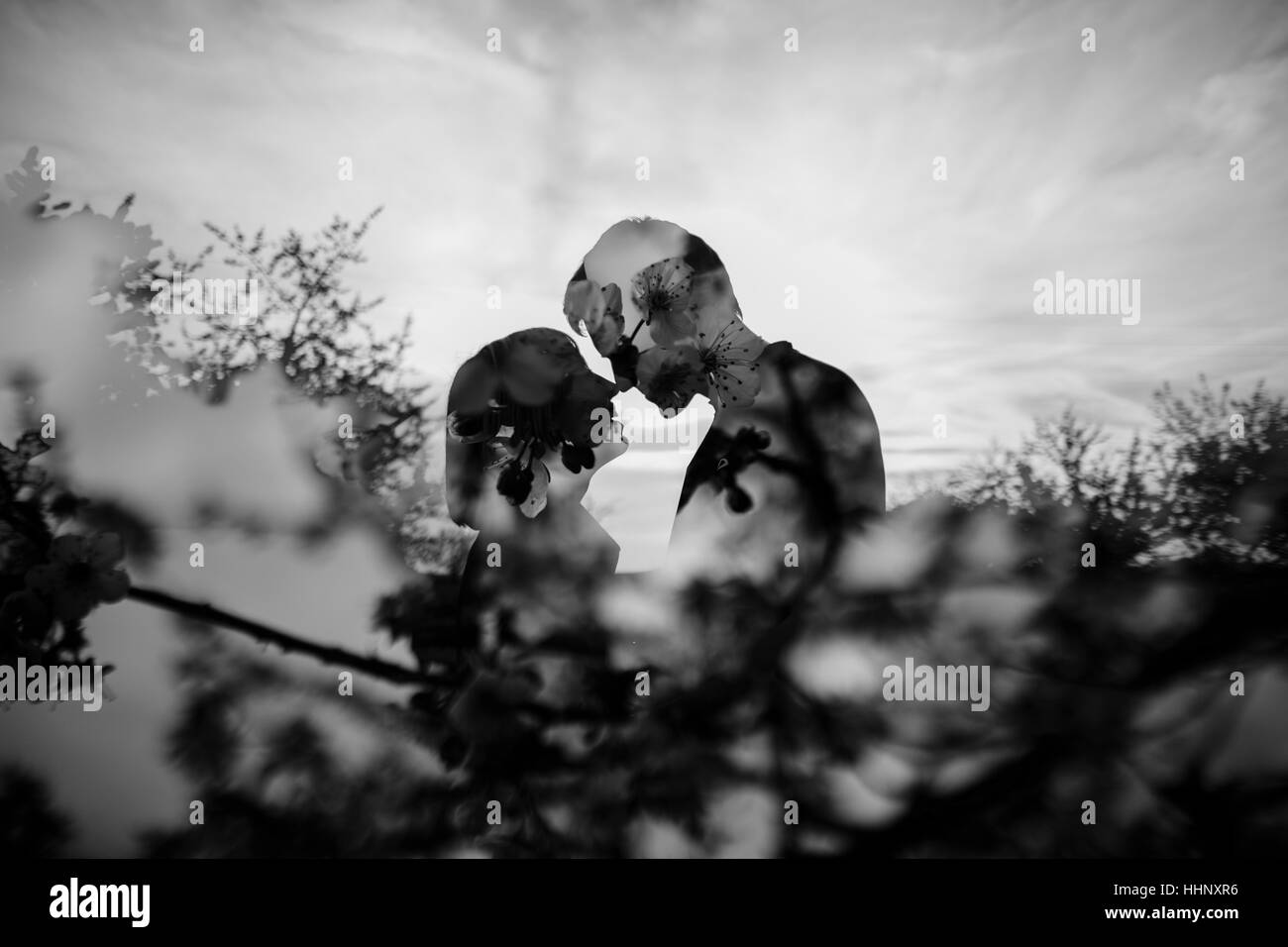 Doppelbelichtung von kaukasischen paar küssen in der Nähe von Bäumen Stockfoto