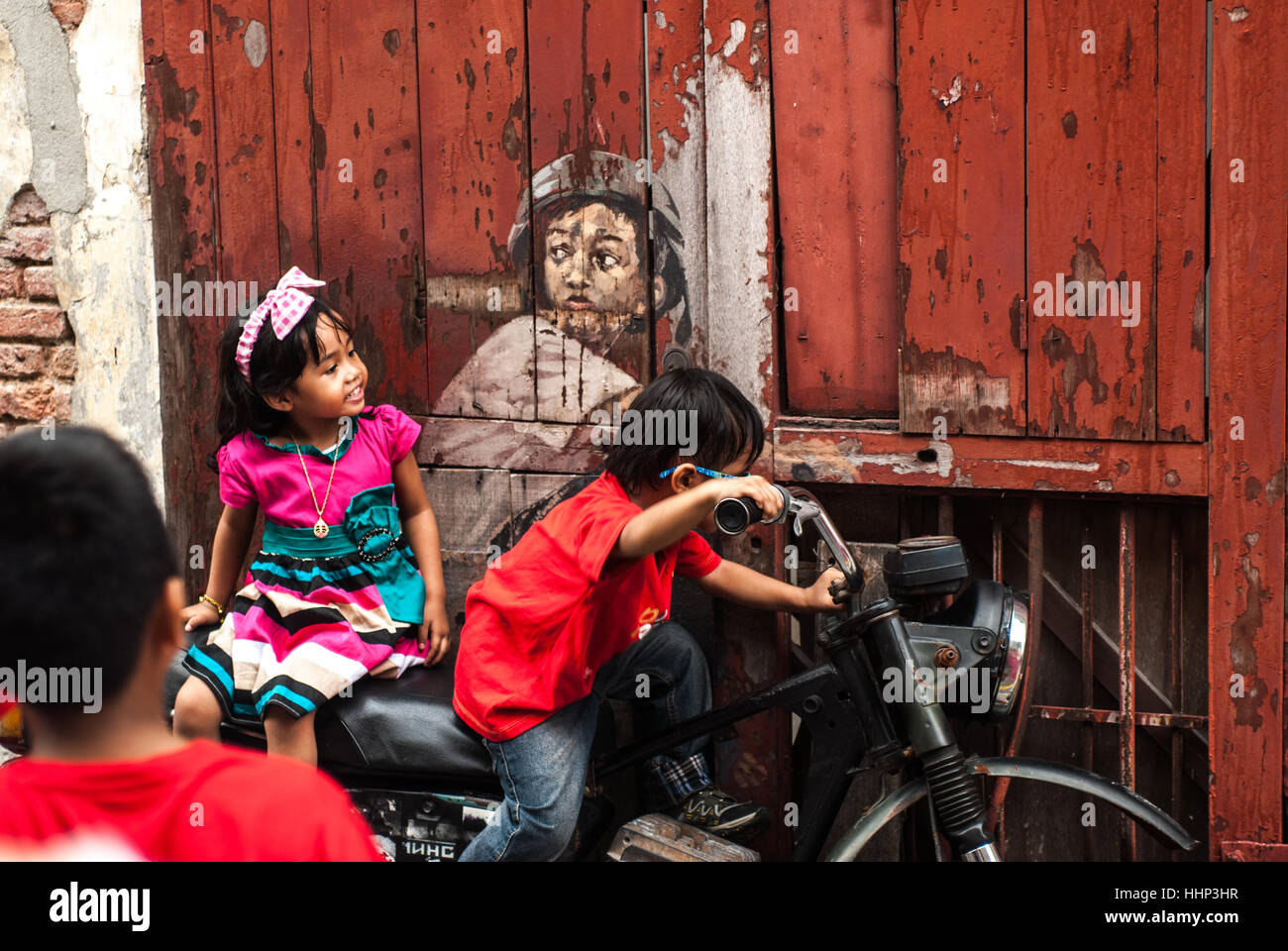 George Town, Penang Malaysia im Alter von Graffito eines Radfahrers Juli 2015 Stockfoto