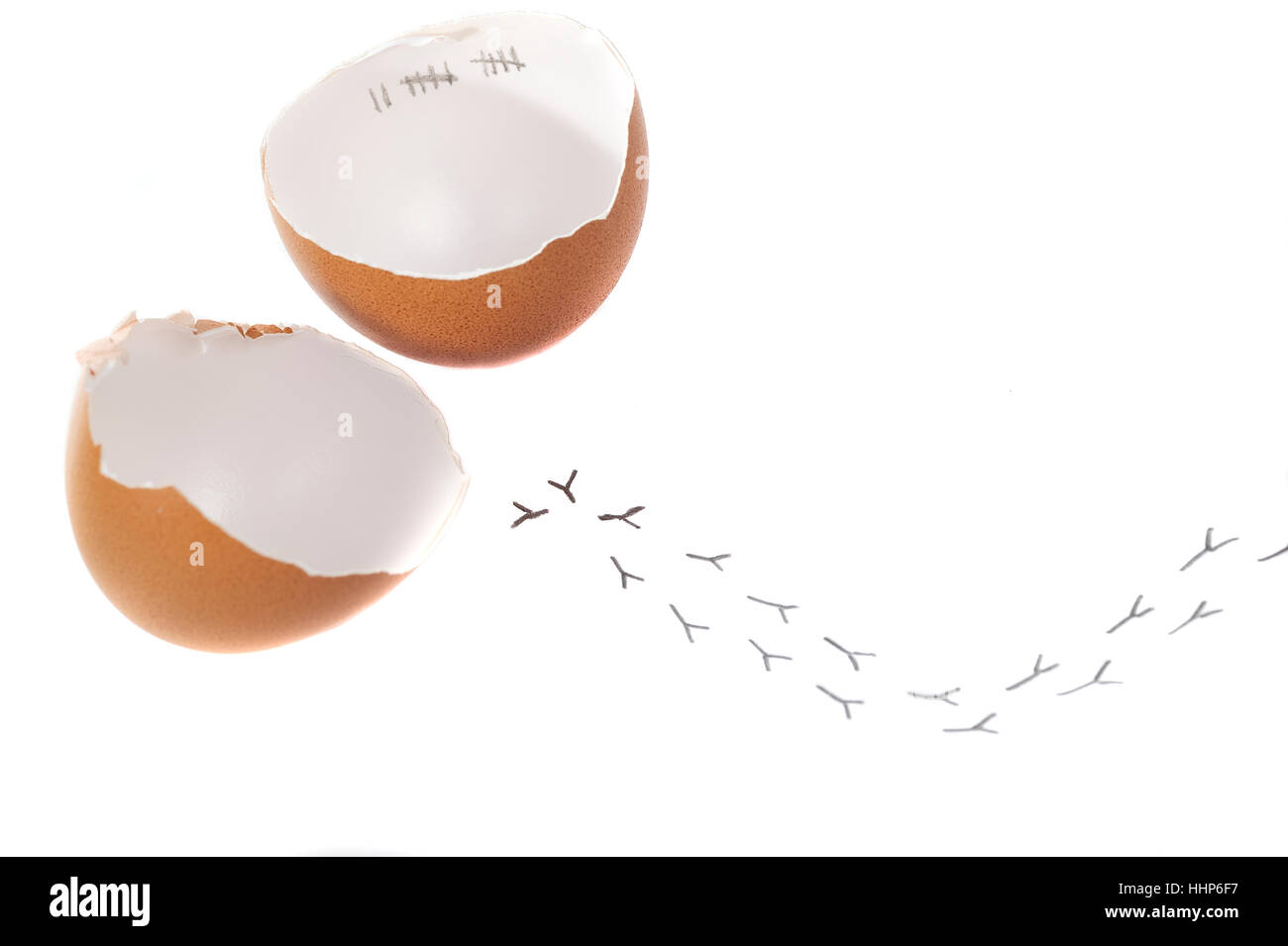 Angst, weglaufen, Ei, Eierschale, abstrakt, Küken, tally Blatt, Spuren, Stockfoto
