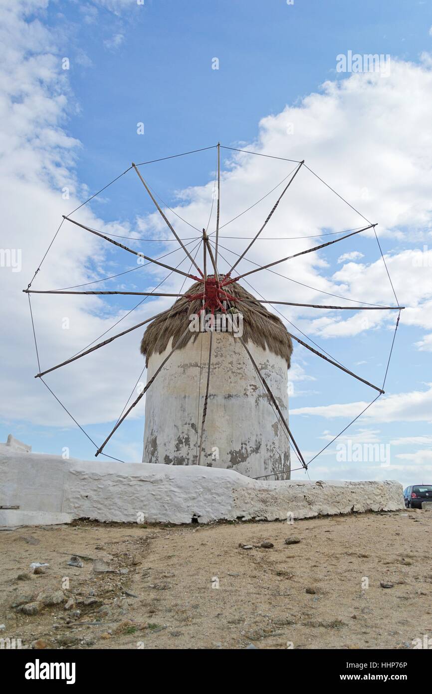 Griechenland, Windmühle, Mykonos, blau, Entspannung, Urlaub, Ferien, Urlaub, Stockfoto