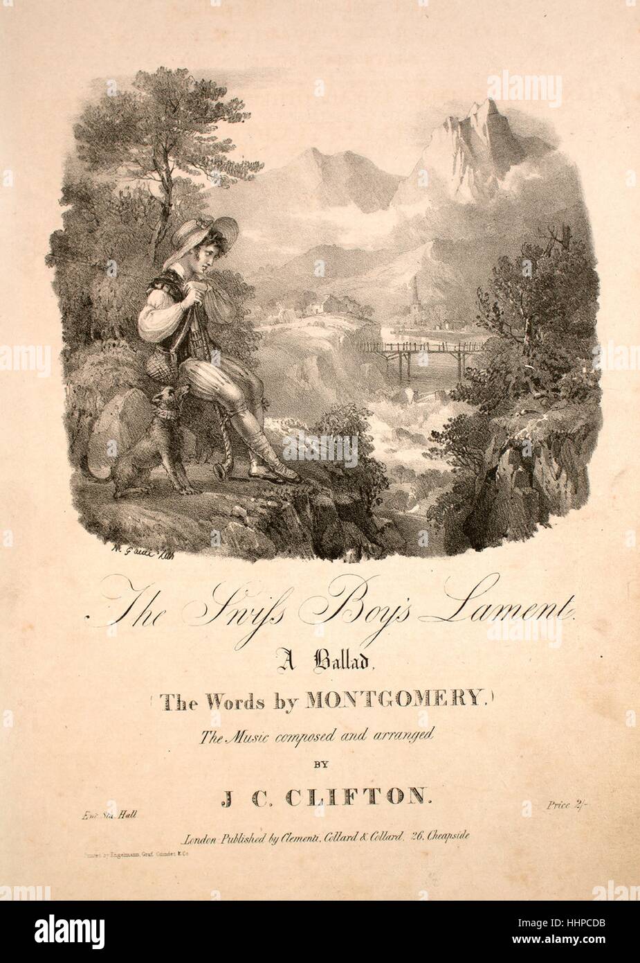 Titelbild der Noten des Liedes "The Swiss Boy beklagen A Ballade", mit ursprünglichen Autorschaft Noten lesen "The Words von Montgomery die Musik komponiert" und arrangiert von JC Clifton, Vereinigtes Königreich, 1900. Der Verlag als "Clementi, Collard und Collard, 26 Cheapside" aufgeführt ist, die Form der Komposition ist "Schnitt", die Instrumentierung ist "Klavier und Stimme", die erste Zeile lautet "O wenn werde ich besuchen das Land meiner Geburt", und der Abbildung Künstler wird als "M. Gauti Lith; Gedruckt von Engelmann, Grah Coindet und Co. ". Stockfoto