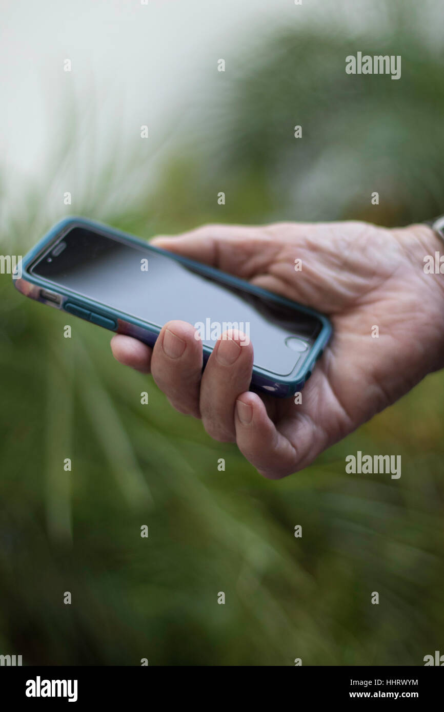 Der Mann hält PDA Smartphone im rechten senkrechten Grünen im Hintergrund Stockfoto