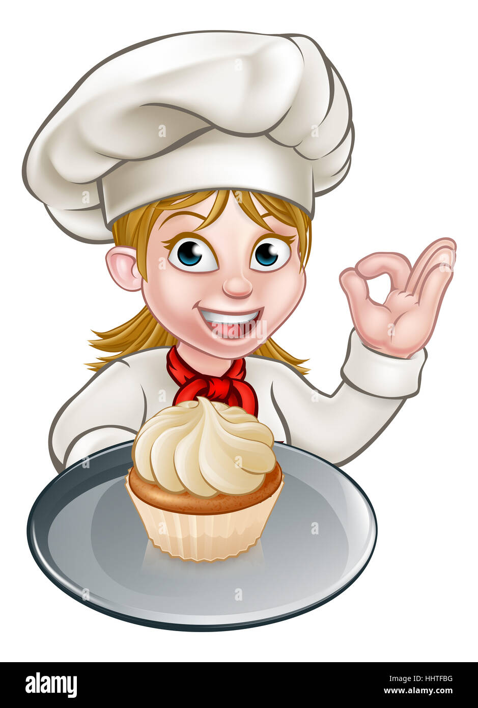 Eine Frau Koch oder Bäcker Cartoon-Figur eine Halteplatte mit einem Cupcake oder Fee Kuchen drauf Stockfoto